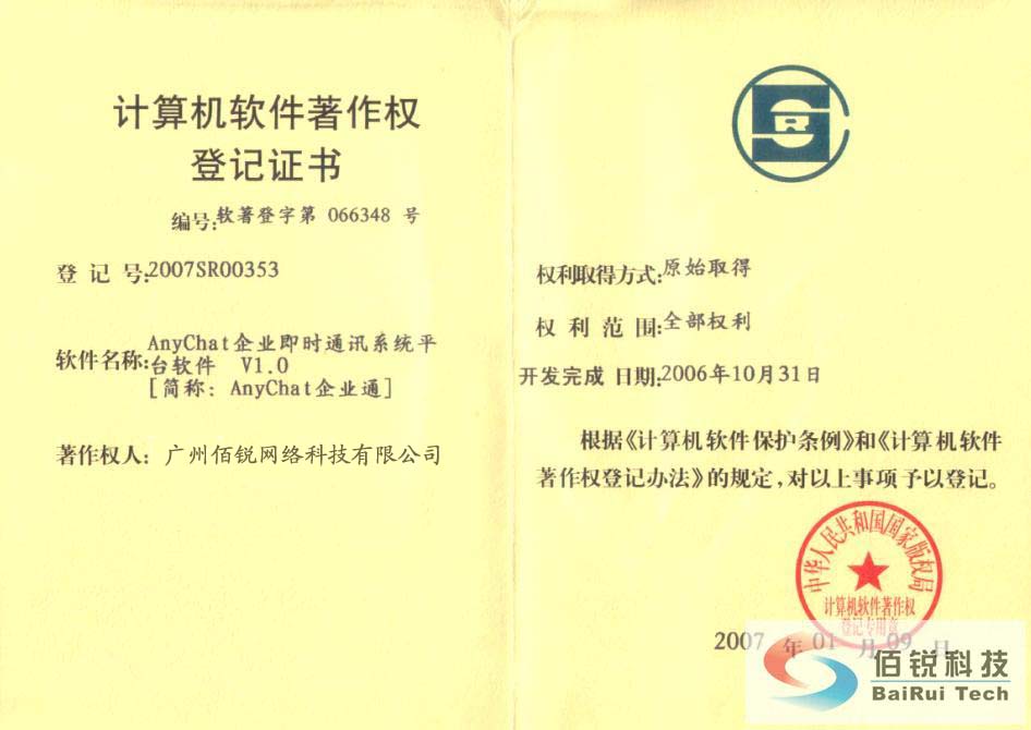 佰锐科技AnyChat软件著作权证书